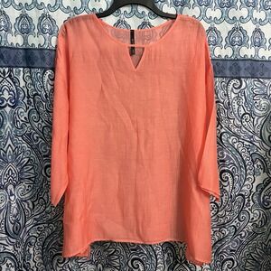 IC Connie K Top Womens XL Tunic Bright Gauzy 3/4 Sleeve Flowy Lagenlook Peach